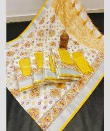 Half White and Yellow color linen sarees handloom saree with all over digital printed sarees design -LINS0000310