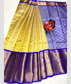 Mustard Yellow and Purple Blue color kuppadam pattu handloom saree with Kanchi Border Design-KUPP0029139
