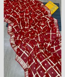 Red and Yellow color Georgette sarees with all over checks and buttas design -GEOS0024429