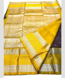 Charcoal Black and Yellow color venkatagiri pattu sarees with all over checks and buttas design -VAGP0001131
