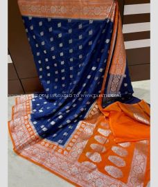 Navy Blue and Orange color Banarasi sarees with all over buttas design -BANS0019050