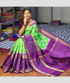 Pista Green and Magenta color pochampally ikkat pure silk handloom saree with All over Pochampally ikkat design-PIKP0016980