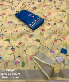 Lemon Yellow and Blue color linen sarees with Plain Design-LINS0002229