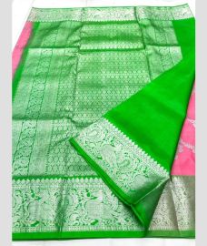 Rose Pink and Parrot Green color venkatagiri pattu sarees with all over kalamjali design -VAGP0001144