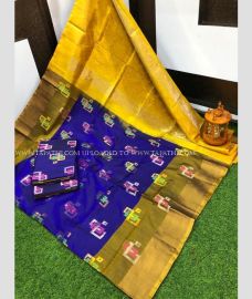 Navy Blue and Yellow color uppada pattu sarees with all over technic buttas design -UPDP0022364