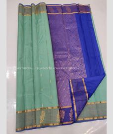 Light Green and Blue color kanchi pattu handloom saree with small buti saree design -KANP0005714