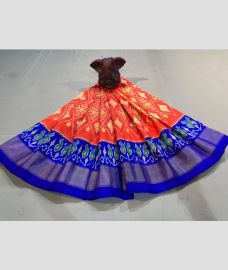 Orange and Royal Blue color Ikkat Lehengas with all over pochampally ikkat design -IKPL0028852