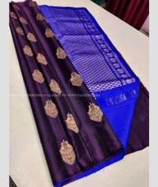 Brown and Royal BLue color kanchi pattu handloom saree with all over butties saree design -KANP0007061