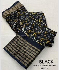 Black color silk sarees with All over Printed Design-SILK0015618