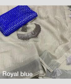 Half White and Royal BLue color linen sarees with plain sarees design -LINS0000717
