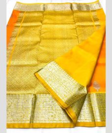 Orange and Yellow color venkatagiri pattu sarees with all over buttas design -VAGP0001226