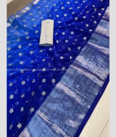 Royal Blue and Silver color Organza sarees with Jari Border Design-ORGS0001198