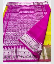 Yellow and Pink color venkatagiri pattu sarees with all over checks and buttas design -VAGP0001193