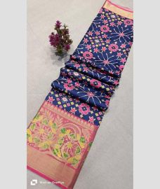 Navy Blue and Pink color silk sarees with all over ikkat design -SILK0018084