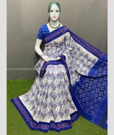Half White and Blue color pochampally Ikkat cotton handloom saree with All over Marthas Pattern Design-PIKT0000597