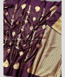Plum Purple and Golden color Banarasi sarees with all over strips design -BANS0018994