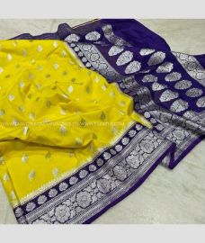 Yellow and Purple Blue color Banarasi sarees with all over buttas design -BANS0019049