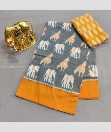 Grey and Orange color pochampally Ikkat cotton handloom saree with printed design saree -PIKT0000012