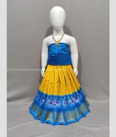 Yellow and Aqua Blue color Ikkat Lehengas with All over Pochampally design-IKPL0000732