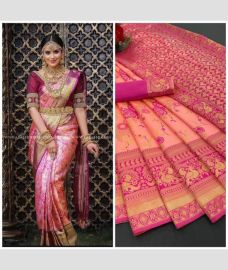 Peach and Pink color Lichi sarees with Jari Border Design-LICH0000196