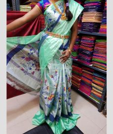 Grey and Sky BLue color Uppada Tissue handloom saree with printed design saree -UPPI0000190