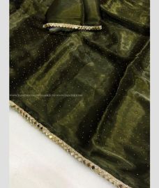 Olive color silk sarees with all over stone work design -SILK0018197