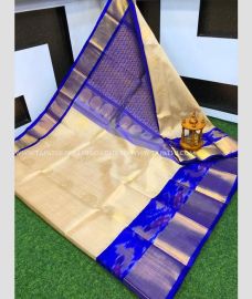 Cream and Blue color kuppadam pattu handloom saree with Pochampally Border Design-KUPP0085852