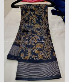 Peacock Blue and Yellow color linen sarees with printed design saree -LINS0000860