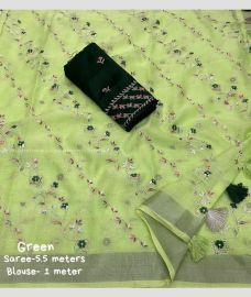Pista and Grey color linen sarees with All over Embroidary Design-LINS0001883