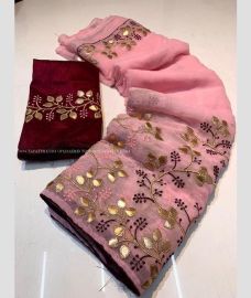 Rose Pink color Chiffon sarees with All over Gotta Patti Work Design-CHIF0001587