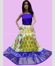 Lemon Yellow and Blue color Ikkat Lehengas with Kaddy Border Design-IKPL0008473