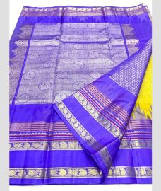 Yellow and Purple Blue color venkatagiri pattu sarees with all over kalamjali design -VAGP0001135