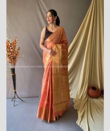 Orange colour Organza sarees with zari border saree design -ORGS0000641