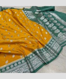 Orange and Teal color Banarasi sarees with all over buttas design -BANS0019046