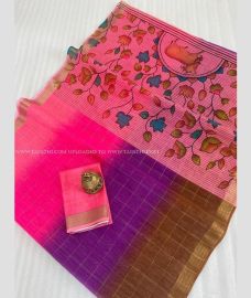 Pink and Purple color linen sarees with all over checks design -LINS0003965
