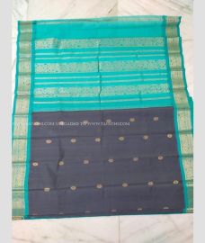 Dark Grey and Turquoise color gadwal cotton sarees with all over buttas design -GAWT0000463