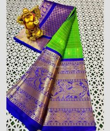 Royal Blue and Parrot Green color kuppadam pattu handloom saree with All over Buttas Design-KUPP0028197