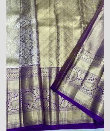 Lite Golden and Purple Blue color kanchi pattu sarees with half and half modle brocate design -KANP0014134