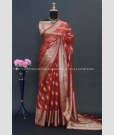 Tomato Red and Silver color Organza sarees with All over Strips Design-ORGS0001803