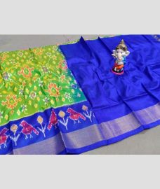 Parrot Green and Royal Blue color Ikkat Lehengas with All over Pochampally design-IKPL0000737