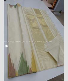 Half White and Cream color kanchi pattu handloom saree with Temple Border Design-KANP0011552