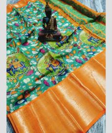 Teal and Orange color linen sarees with kanchi border saree design -LINS0000825