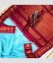 Blue Turquoise and Red color gadwal sico sarees with temple kuttu border design -GAWI0000850