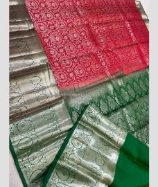 Red and Green color kanchi pattu sarees with half and half modle brocate design -KANP0014128