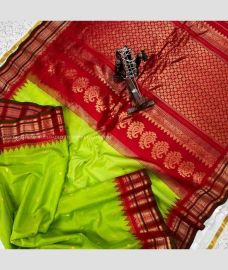 Parrot Green and Red color gadwal sico sarees with temple kuttu border design -GAWI0000846