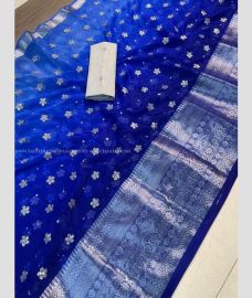 Royal Blue and Silver color Organza sarees with Jari Border Design-ORGS0001453
