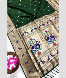 Pine Green and Cream color paithani sarees with meenakari border design -PTNS0005370