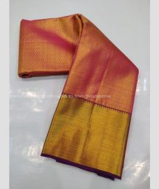 Gold and Maroon color kanchi pattu handloom saree with zari border saree design -KANP0005767