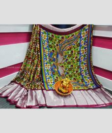 Green and Maroon color Chiffon sarees with all over kalamkari printed saree design -CHIF0000403