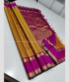 Golden Yellow and Neon Pink color kanchi pattu handloom saree with All over Checks and Buttas Design-KANP0012460